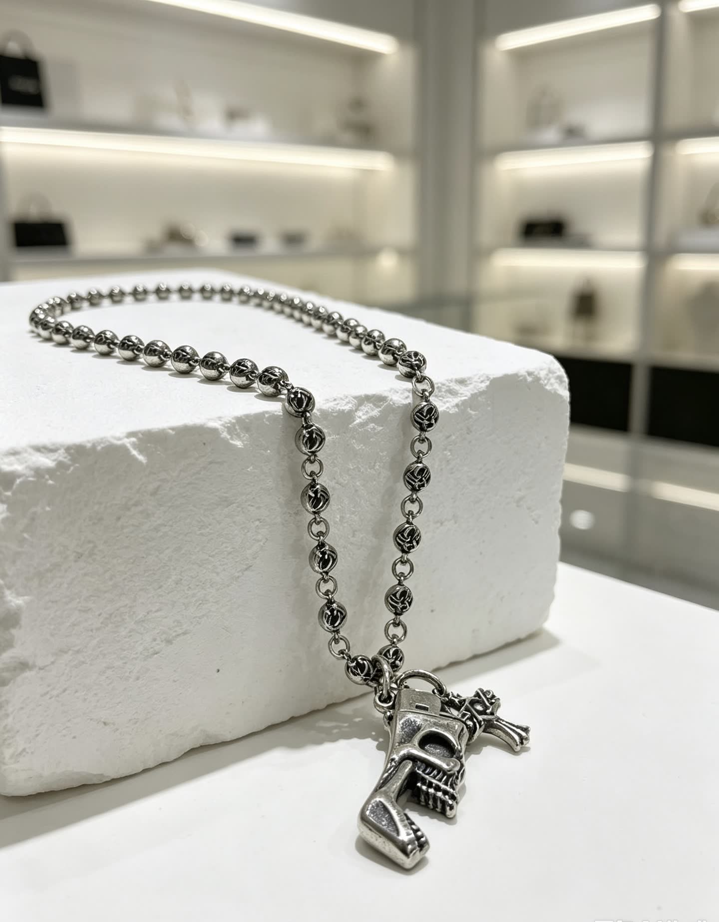 Chrome Hearts Silver Skull and Crossbones Necklace
